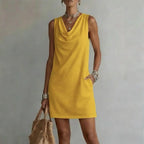 Vestido mini feminino decote drapeado sem mangas silhueta A-line com bolsos laterais