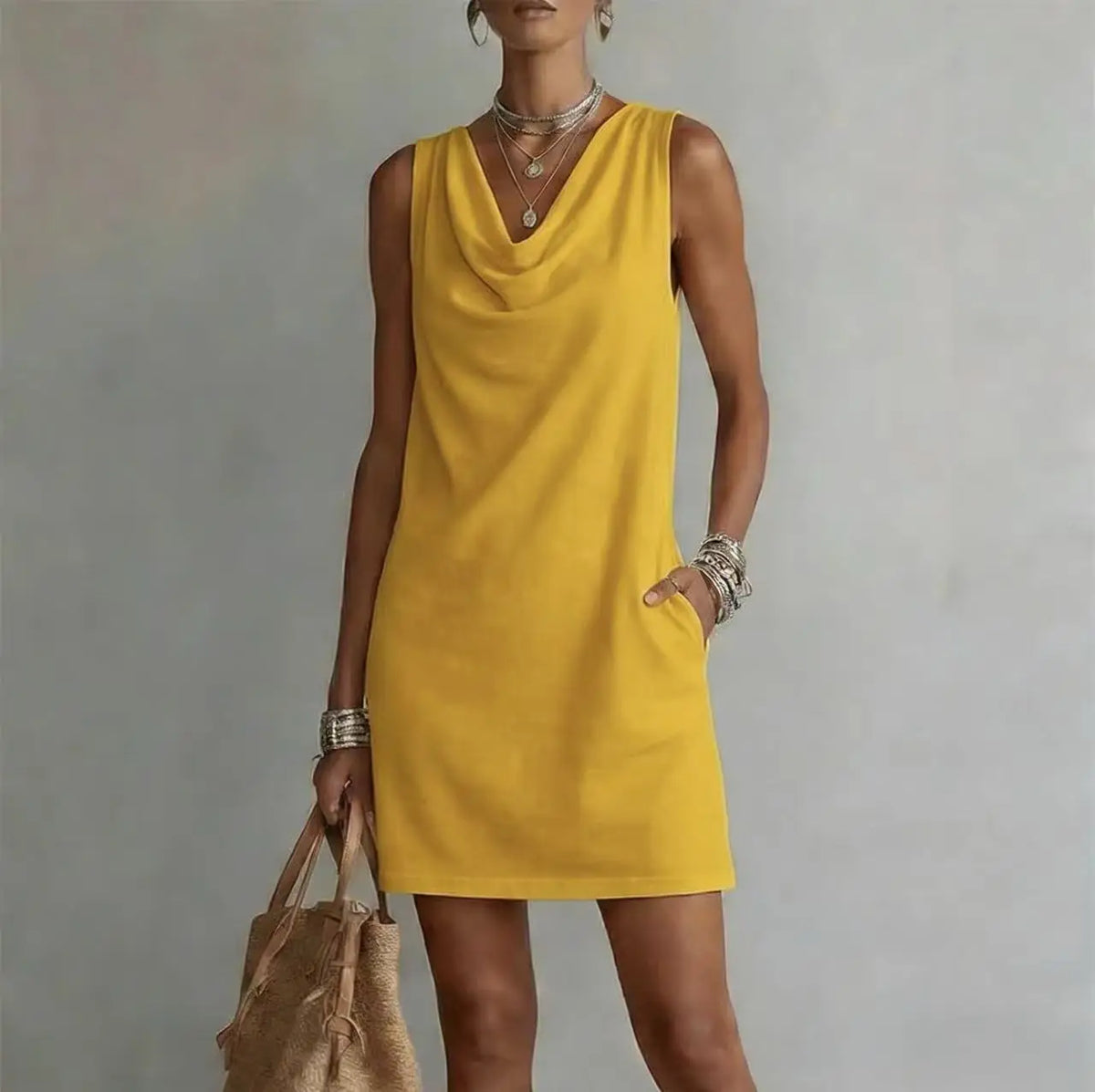 Vestido mini feminino decote drapeado sem mangas silhueta A-line com bolsos laterais