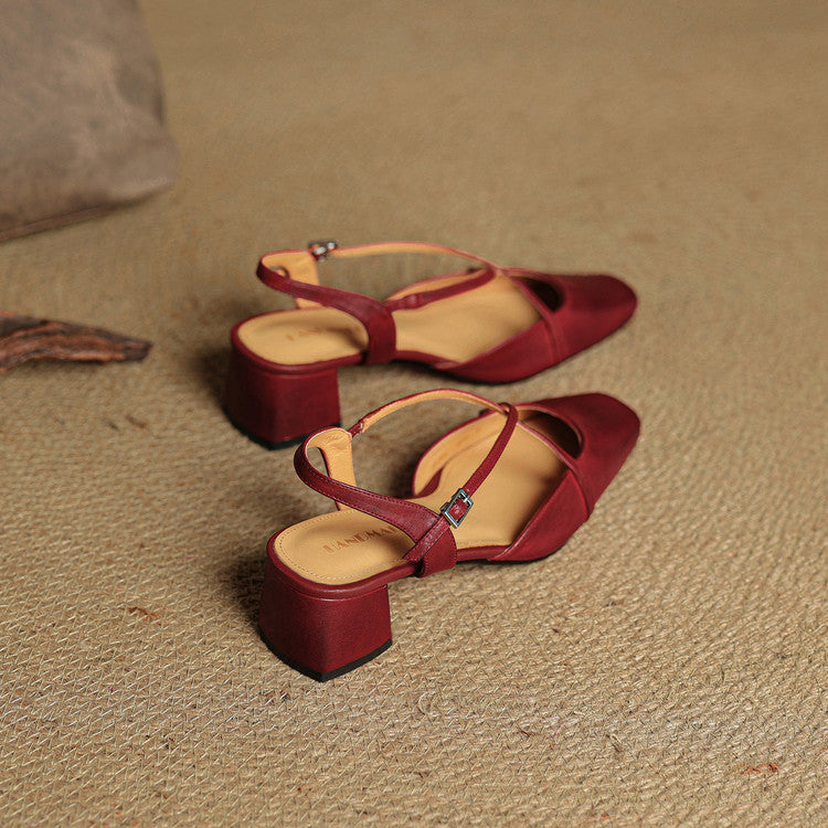 Sapatos salto bloco feminino couro genuíno bico fechado tiras ajustáveis