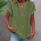 Camisa de linho feminina com decote V e botões corte solto