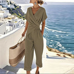 Conjunto feminino 2 peças com top frente cruzada e calça cropped