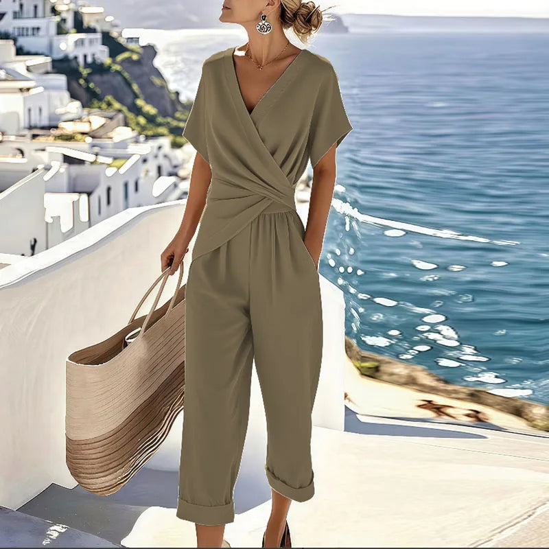 Conjunto feminino 2 peças com top frente cruzada e calça cropped