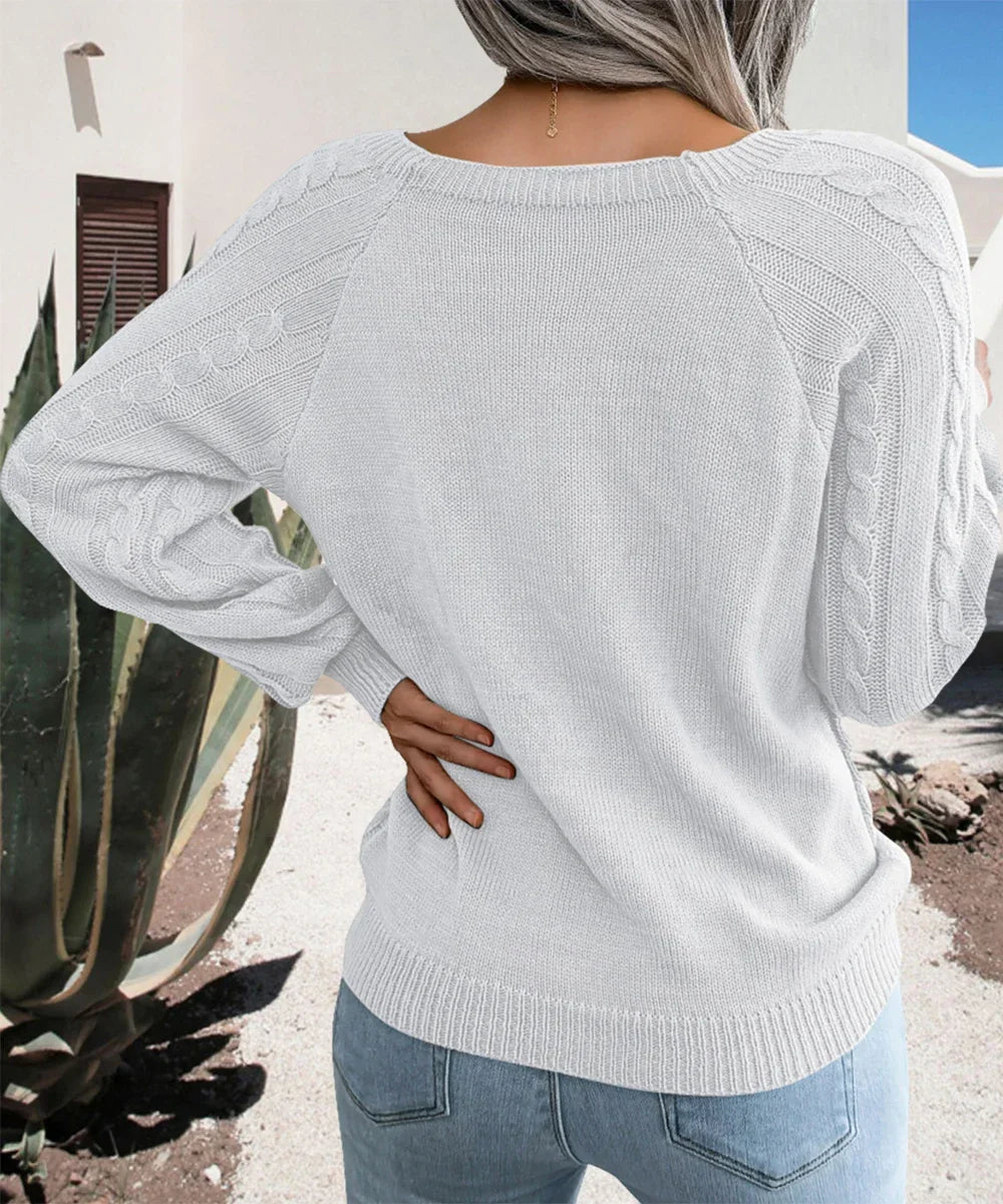 Camisola feminina algodão padrão torcido com botões decorativos manga comprida