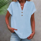 Camisa de linho feminina com decote V e botões corte solto