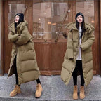 Casaco longo feminino acolchoado com capuz para o inverno