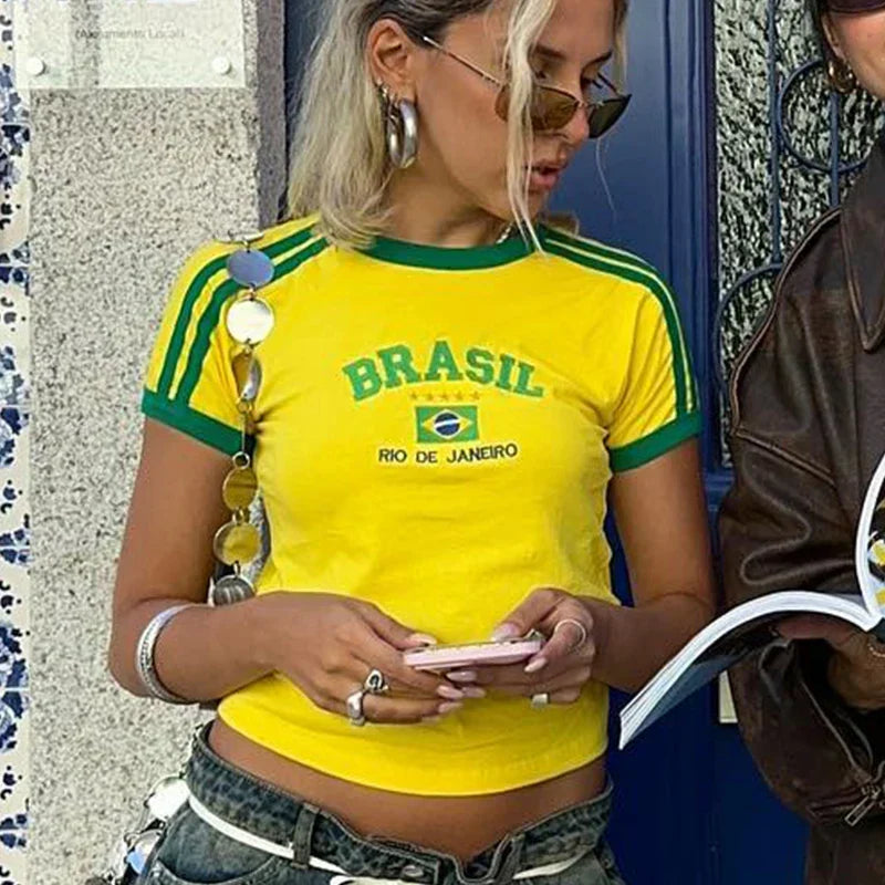 Cropped shirt mulher estampado Brazil slim fit