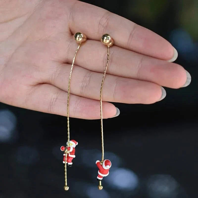 Brincos natalinos pendentes com motivo Papai Noel e sinos, metal antioxidante 7,5 cm