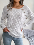 Camisola feminina algodão padrão torcido com botões decorativos manga comprida