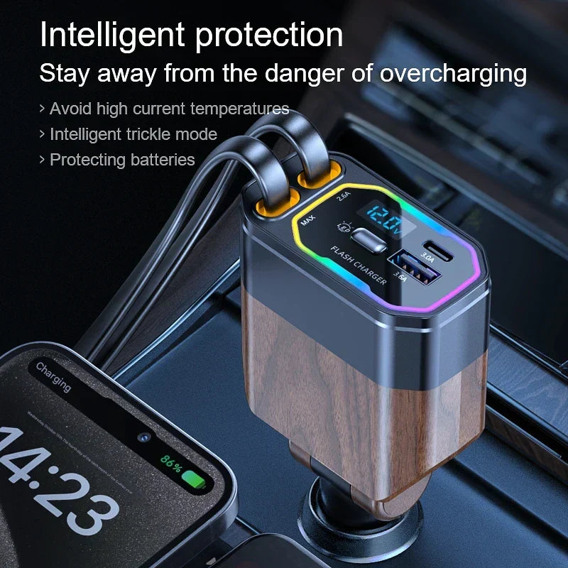 Carregador veicular 4 em 1 retrátil 120W com USB-C e adaptador de isqueiro