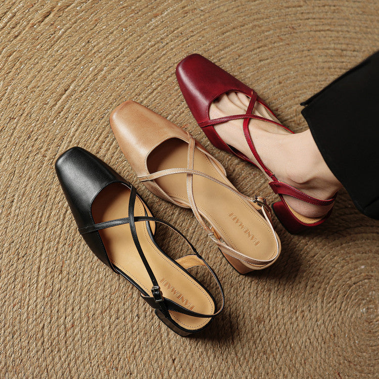 Sapatos salto bloco feminino couro genuíno bico fechado tiras ajustáveis