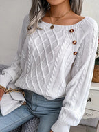 Camisola feminina algodão padrão torcido com botões decorativos manga comprida