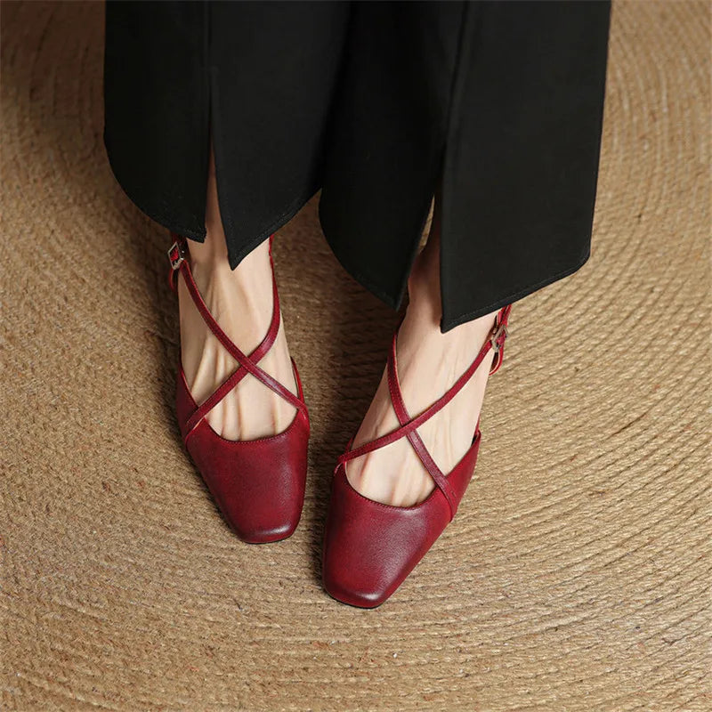 Sapatos salto bloco feminino couro genuíno bico fechado tiras ajustáveis