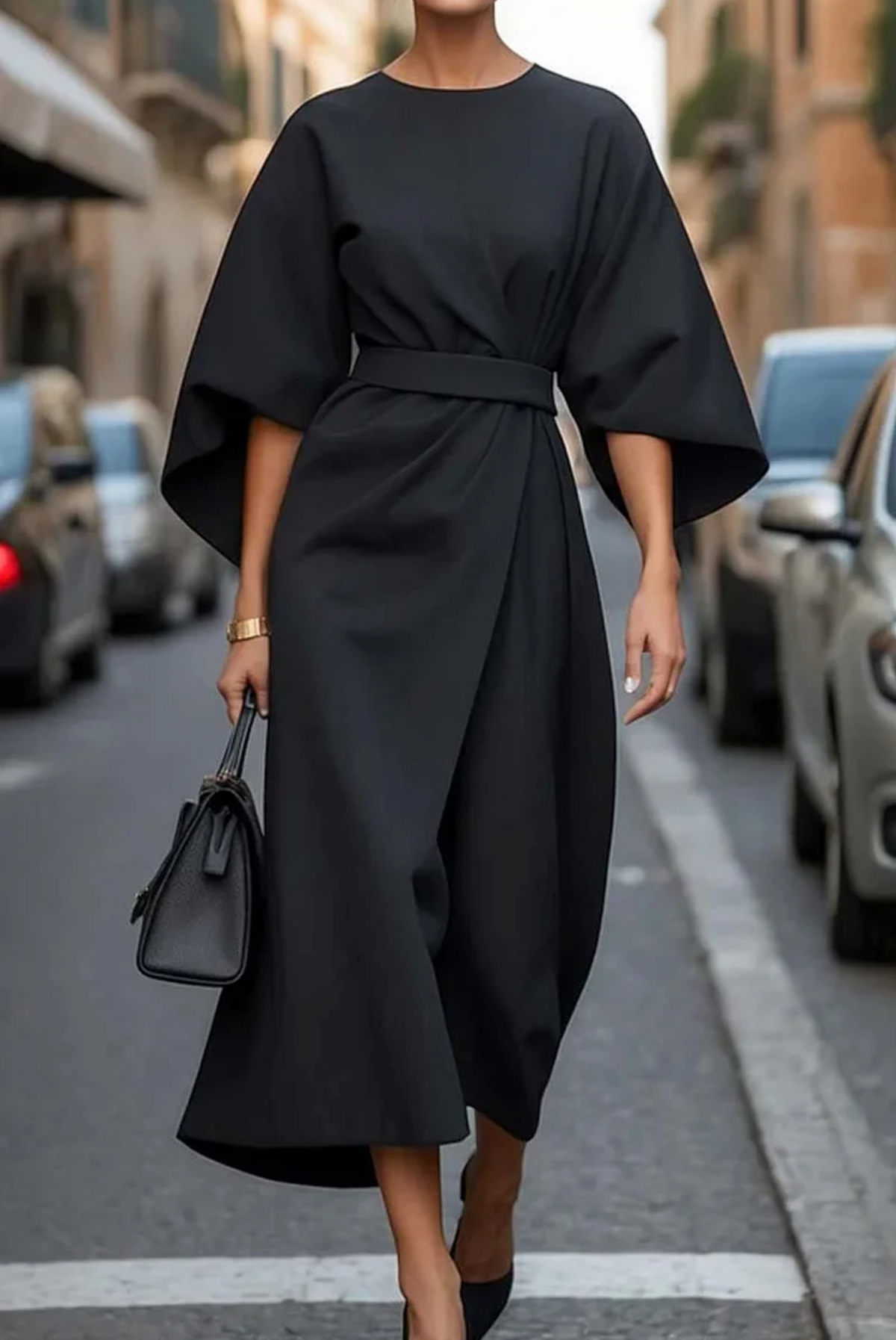 Vestido feminino mangas bufantes cintado tecido fluido elegante