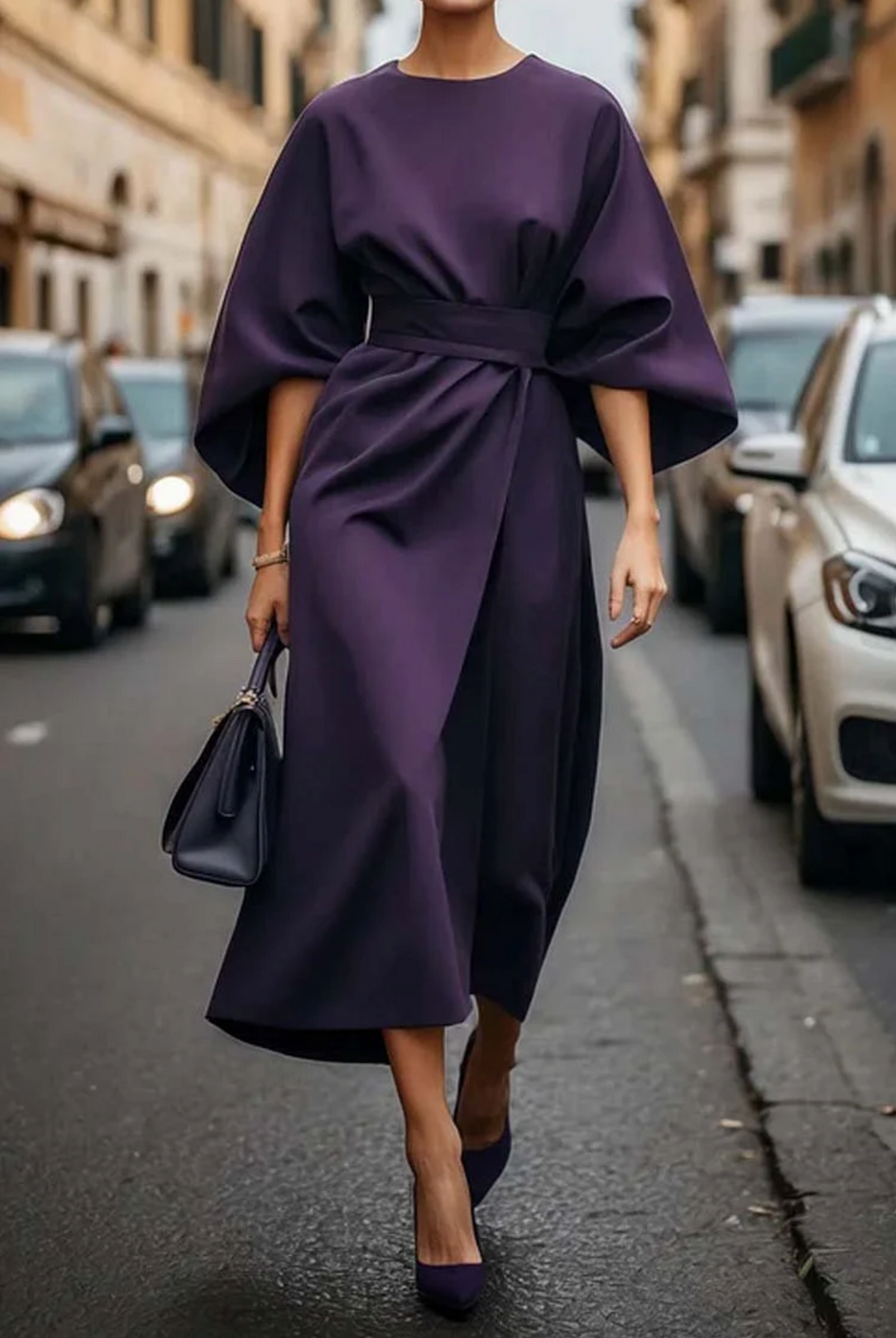 Vestido feminino mangas bufantes cintado tecido fluido elegante