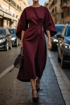 Vestido feminino mangas bufantes cintado tecido fluido elegante