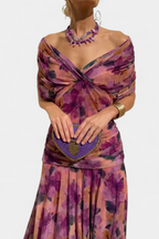 Vestido feminino floral decote V saia longa com cintura franzida