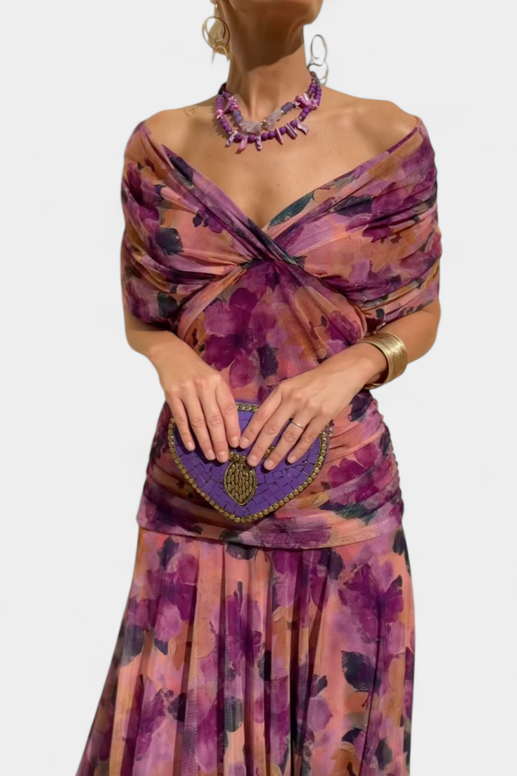 Vestido feminino floral decote V saia longa com cintura franzida