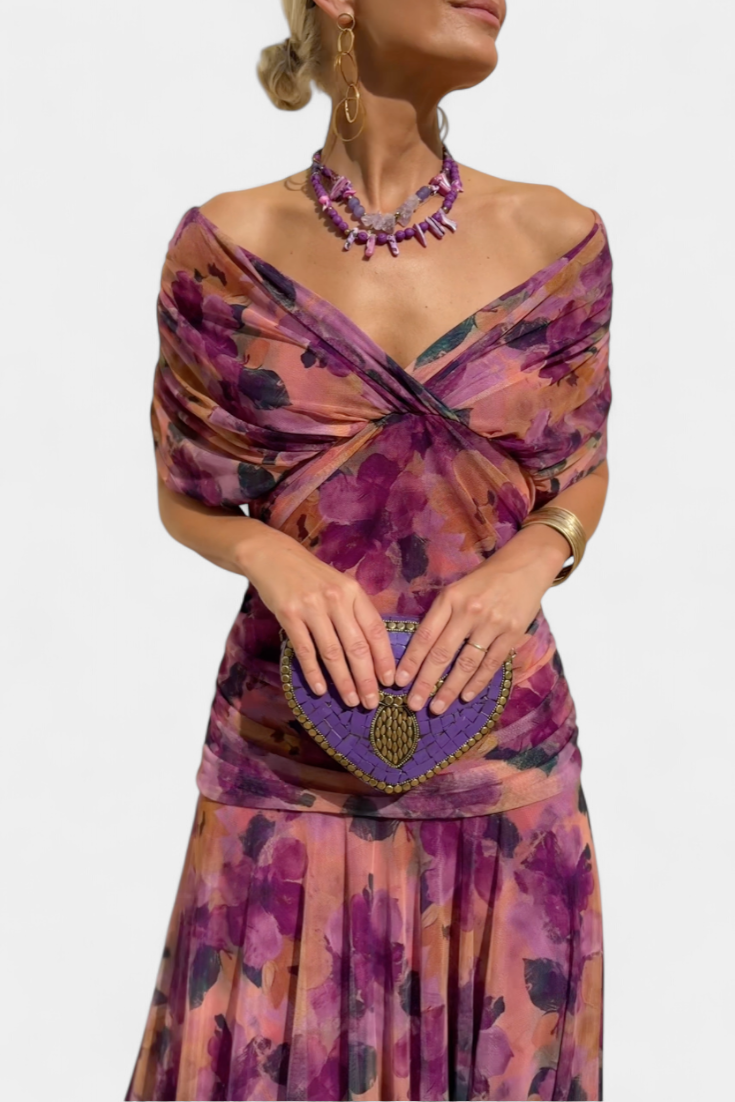 Vestido feminino floral decote V saia longa com cintura franzida