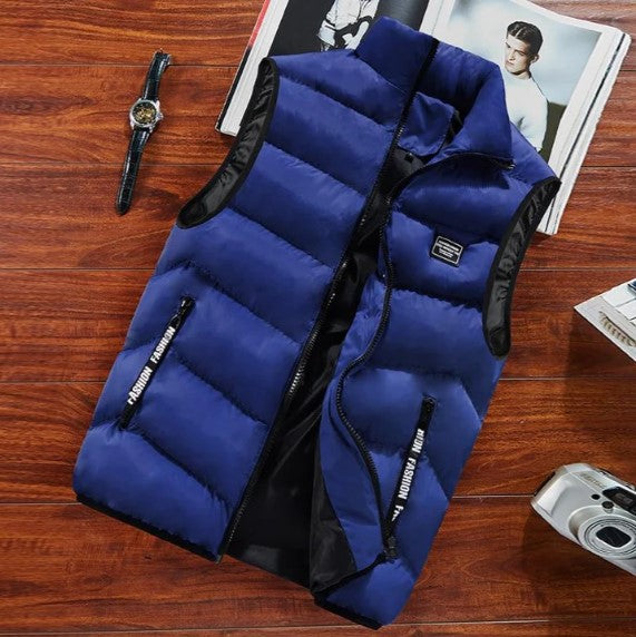 Colete masculino puffer acolchoado com gola alta e fecho com zíper