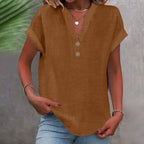 Camisa de linho feminina com decote V e botões corte solto