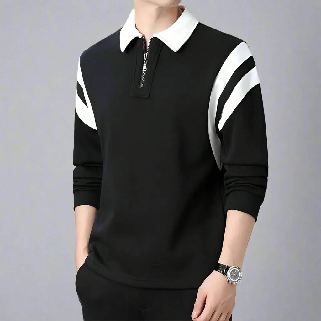 Polo manga longa com zíper e design color block para homem