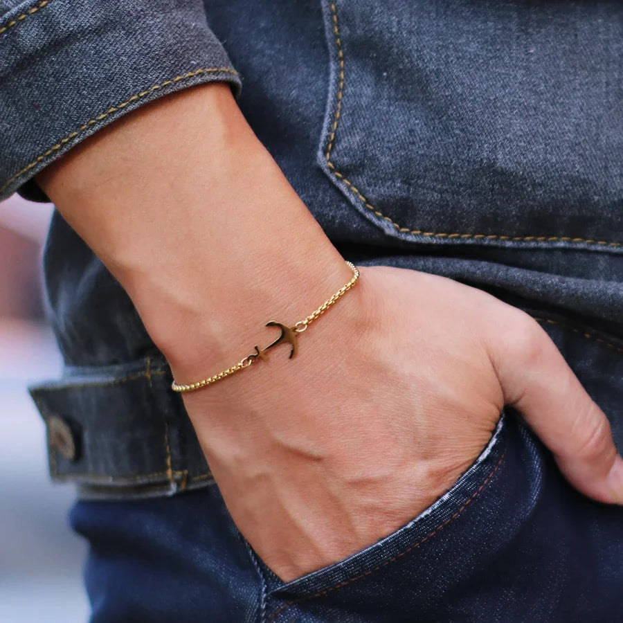 Pulseira aço inoxidável elo corrente com charm âncora náutica fecho deslizante