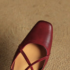Sapatos salto bloco feminino couro genuíno bico fechado tiras ajustáveis
