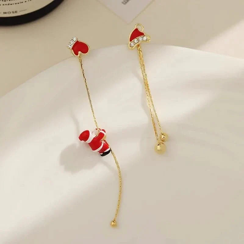 Brincos natalinos pendentes com motivo Papai Noel e sinos, metal antioxidante 7,5 cm