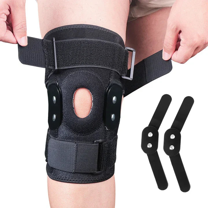 Joelheira articulada ajustável em neoprene respirável, suporte estabilidade joelho, preta