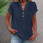 Camisa de linho feminina com decote V e botões corte solto