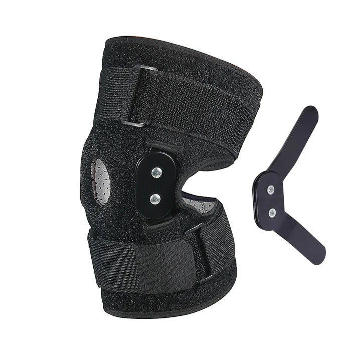 Joelheira articulada ajustável em neoprene respirável, suporte estabilidade joelho, preta