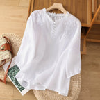 Blusa feminina bordada corte relaxado manga curta decote redondo