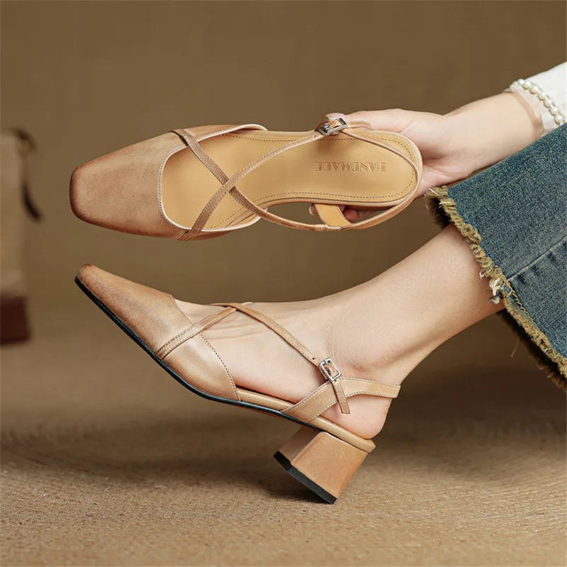 Sapatos salto bloco feminino couro genuíno bico fechado tiras ajustáveis