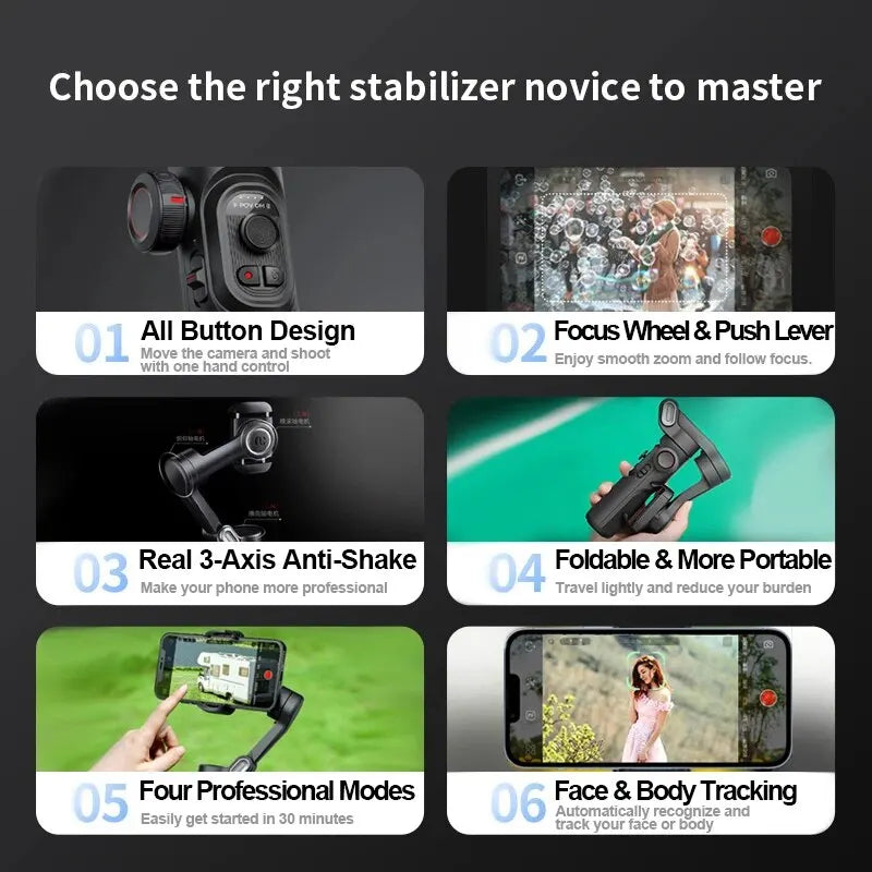 Gimbal estabilizador smartphone 3 eixos com AI tracking e deteção facial, cor preta