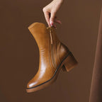 Botins de salto alto femininos em couro com fecho de correr lateral