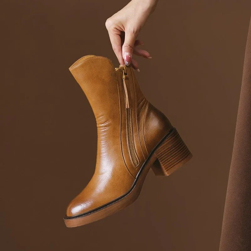Botins de salto alto femininos em couro com fecho de correr lateral