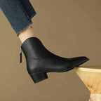Botas femininas de tornozelo couro vegano bico fino com zíper traseiro