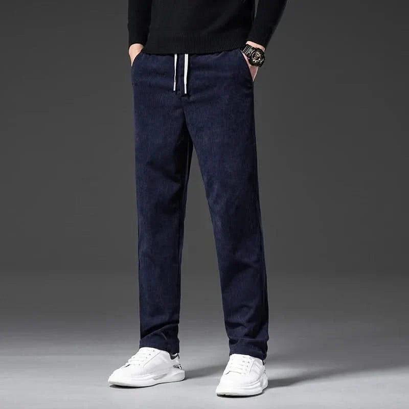 Calças chino corduroy corte slim com cordão ajustável para homem