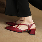 Sapatos salto bloco feminino couro genuíno bico fechado tiras ajustáveis