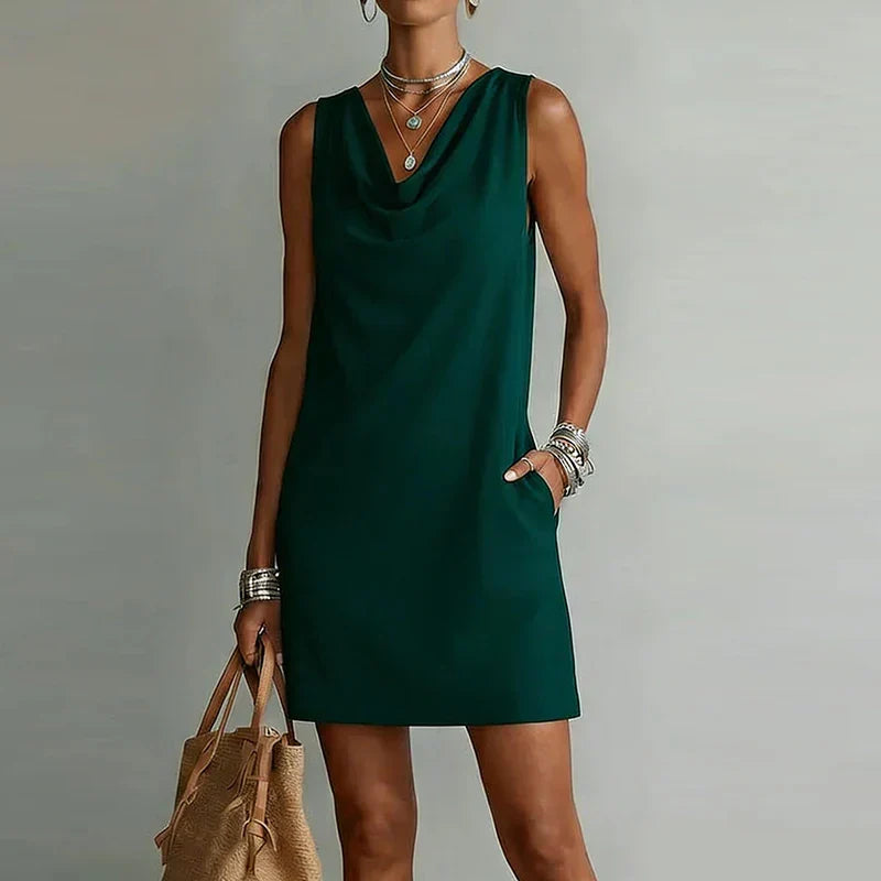 Vestido mini feminino decote drapeado sem mangas silhueta A-line com bolsos laterais