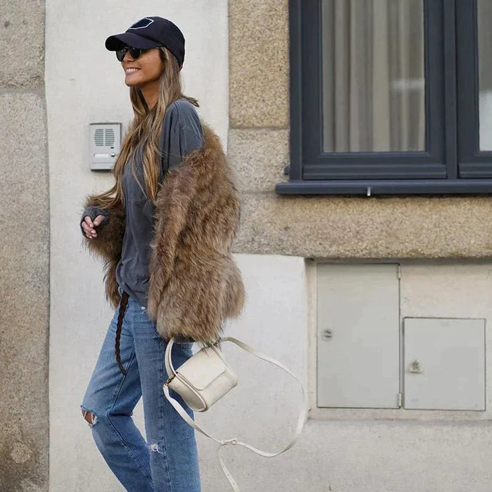 Casaco feminino pele sintética pelúcia estilo elegante inverno