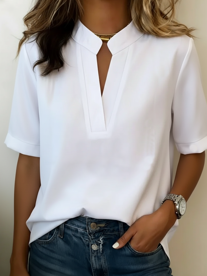 Blusa feminina gola V relaxed fit manga curta com punho