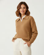 Camisola feminina malha macia decote V col camisa com botões dourados