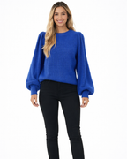 Camisola de malha canelada feminina com mangas bufantes e gola redonda