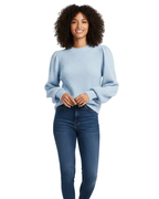 Camisola de malha canelada feminina com mangas bufantes e gola redonda