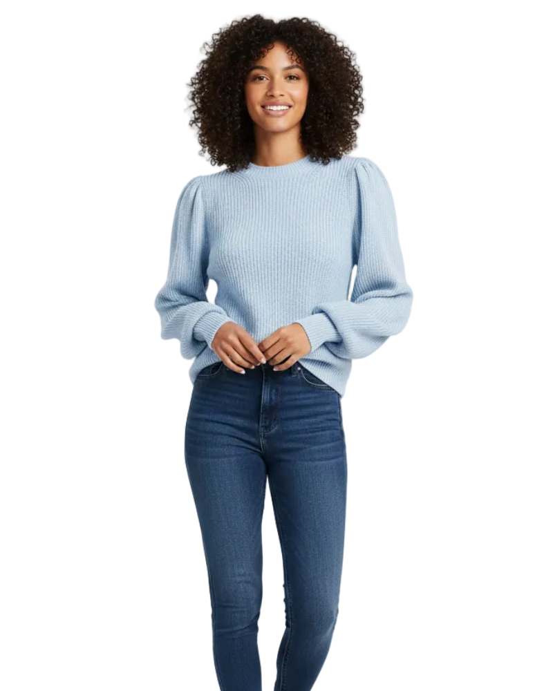 Camisola de malha canelada feminina com mangas bufantes e gola redonda