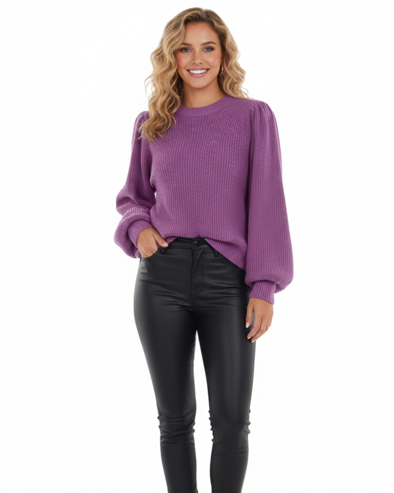 Camisola de malha canelada feminina com mangas bufantes e gola redonda