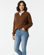 Camisola feminina malha macia decote V col camisa com botões dourados