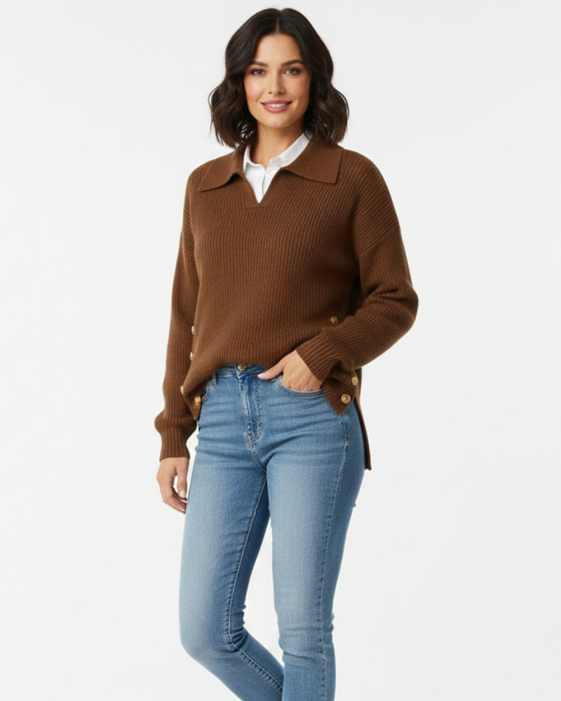 Camisola feminina malha macia decote V col camisa com botões dourados