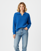 Camisola feminina malha macia decote V col camisa com botões dourados